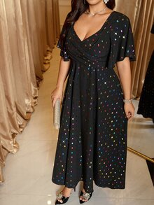 Reflora Plus Size Women's Colorful Polka Dot Sweetheart Neckline Ruffle Short Sleeve Elegant Dress Christmas - Black - View 10
