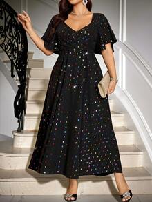 Reflora Plus Size Women's Colorful Polka Dot Sweetheart Neckline Ruffle Short Sleeve Elegant Dress Christmas - Black - View 7