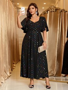 Reflora Plus Size Women's Colorful Polka Dot Sweetheart Neckline Ruffle Short Sleeve Elegant Dress Christmas - Black - View 9