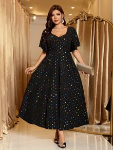 Reflora Plus Size Women's Colorful Polka Dot Sweetheart Neckline Ruffle Short Sleeve Elegant Dress Christmas - Black - View 8