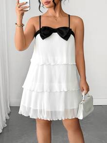 Rometta Plus Size Women's Spaghetti Strap Dress With Triple Layer Pleated Design And Prominent Black Bow On The Chest - White - View 5