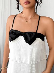 Rometta Plus Size Women's Spaghetti Strap Dress With Triple Layer Pleated Design And Prominent Black Bow On The Chest - White - View 4