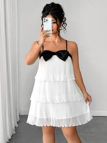 Rometta Plus Size Women's Spaghetti Strap Dress With Triple Layer Pleated Design And Prominent Black Bow On The Chest - White - View 11
