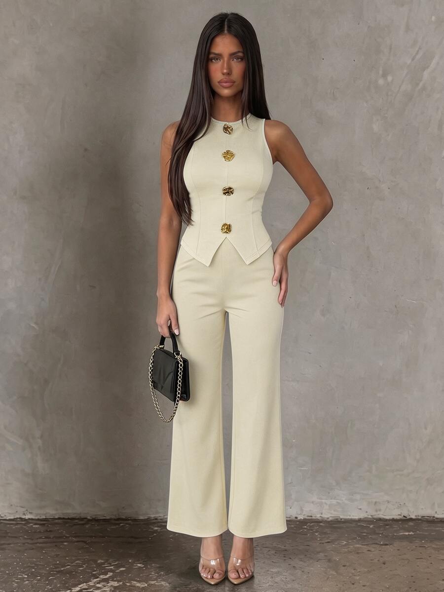 Vavine Black Elegant Metal Button Sleeveless Thin 2 Pieces Set For Women - Beige - View 1