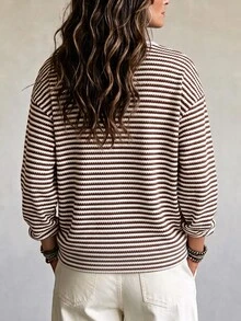LUMIGAL Women Casual Knit T-Shirt Brown White Stripe Contrast V Neck Long Sleeve - Multicolor - View 2