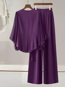 GlowEve CURVE Plus Size Round Neck Ruffle Sleeve Tie Decor Casual Elegant Versatile Women 2 Pieces Set Fall - Purple - View 2