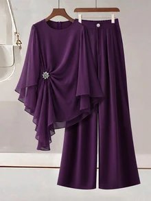 GlowEve CURVE Plus Size Round Neck Ruffle Sleeve Tie Decor Casual Elegant Versatile Women 2 Pieces Set Fall - Purple - View 8