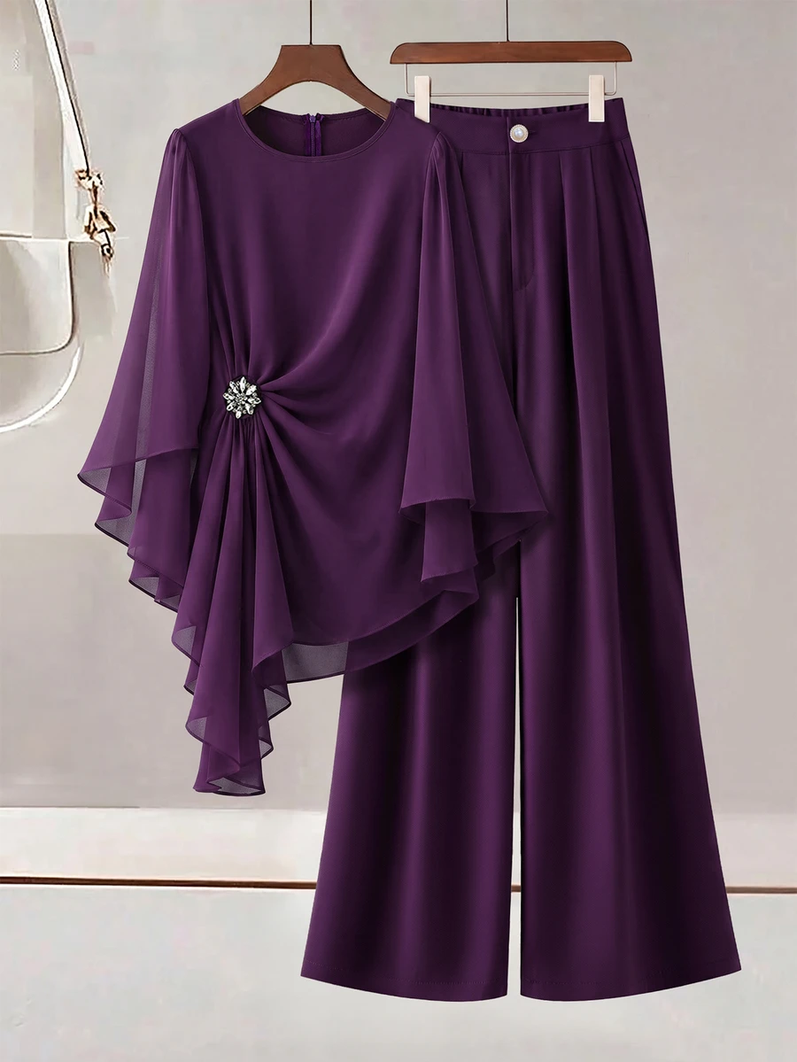 GlowEve CURVE Setelan 2 Potong Wanita Ukuran Besar Leher Bulat Lengan Ruffle Dekorasi Ikat Kasual Elegan Serbaguna untuk Musim Gugur - Purple - View 1