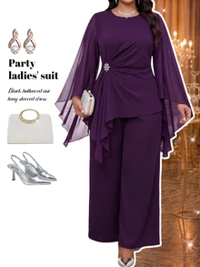 GlowEve CURVE Plus Size Round Neck Ruffle Sleeve Tie Decor Casual Elegant Versatile Women 2 Pieces Set Fall - Purple - View 1