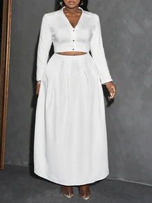 Veslaya Elegant & Party & Gathering & Date Plus Size White Solid Color V-Neck A-Line Hem Blouse And Skirt Set - C - White - View 7