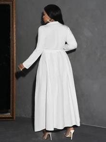 Veslaya Elegant & Party & Gathering & Date Plus Size White Solid Color V-Neck A-Line Hem Blouse And Skirt Set - C - White - View 2