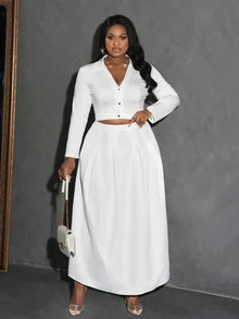 Veslaya Elegant & Party & Gathering & Date Plus Size White Solid Color V-Neck A-Line Hem Blouse And Skirt Set - C - White - View 4