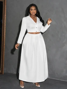 Veslaya Elegant & Party & Gathering & Date Plus Size White Solid Color V-Neck A-Line Hem Blouse And Skirt Set - C - White - View 6