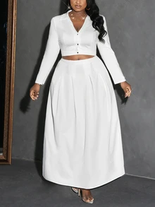 Veslaya Elegant & Party & Gathering & Date Plus Size White Solid Color V-Neck A-Line Hem Blouse And Skirt Set - C - White - View 3