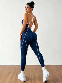 Slayform Slayform Seamless Backless Fitted Sports Jumpsuit - Teal Blue - View 3