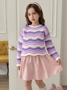 SHEIN 青少年女孩漸層波浪圖案可愛輕便毛衣，馬卡龍色系秋冬90年代風夏季套頭衫 - 紫色 - 查看 7