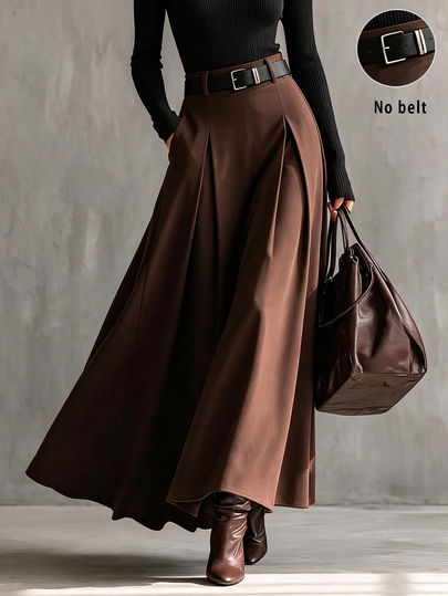 SHEIN Falda midi de cintura alta elegante para mujer, nueva para otoño/invierno, con drapeado que cubre la cadera, efecto estilizante, línea A, falda completa, para oficina, desplazamientos, compras diarias, citas, té de la tarde, ropa casual de principios de otoño, atuendo de oficina