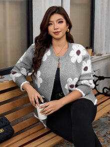 Reflora 大尺碼女款花卉印花長袖休閒傳統可愛柔軟針織開襟衫 正式聚會約會之夜 灰色花卉 秋冬款 - 彩色 - 查看 3