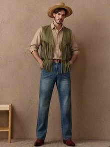 HIMLAND Men's Suede Studded Decor Fringe Vest Jacket Streetwear Vintage Western Air Layer Utility Cargo Halloween Winter Party Rave Autumn Olive Green - Army Green - View 2