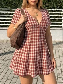 GalTyme Plaid V-Neck Button Front Plus Size Women Summer Dress - Multicolor - View 3