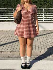 GalTyme Plaid V-Neck Button Front Plus Size Women Summer Dress - Multicolor - View 2