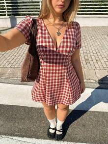GalTyme Plaid V-Neck Button Front Plus Size Women Summer Dress - Multicolor - View 4