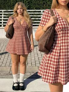 GalTyme Plaid V-Neck Button Front Plus Size Women Summer Dress - Multicolor - View 7