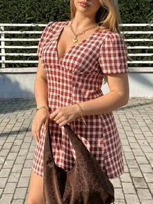 GalTyme Plaid V-Neck Button Front Plus Size Women Summer Dress - Multicolor - View 5