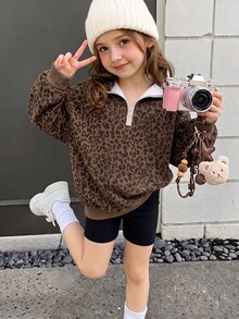 Tween女孩復古美拉德色豹紋半拉鍊落肩運動衫，街頭復古風，休閒舒適，兒童秋季疊穿，Y2K，運動風，外出，街頭風，校園，Chill Chill - 彩色 - 查看 7