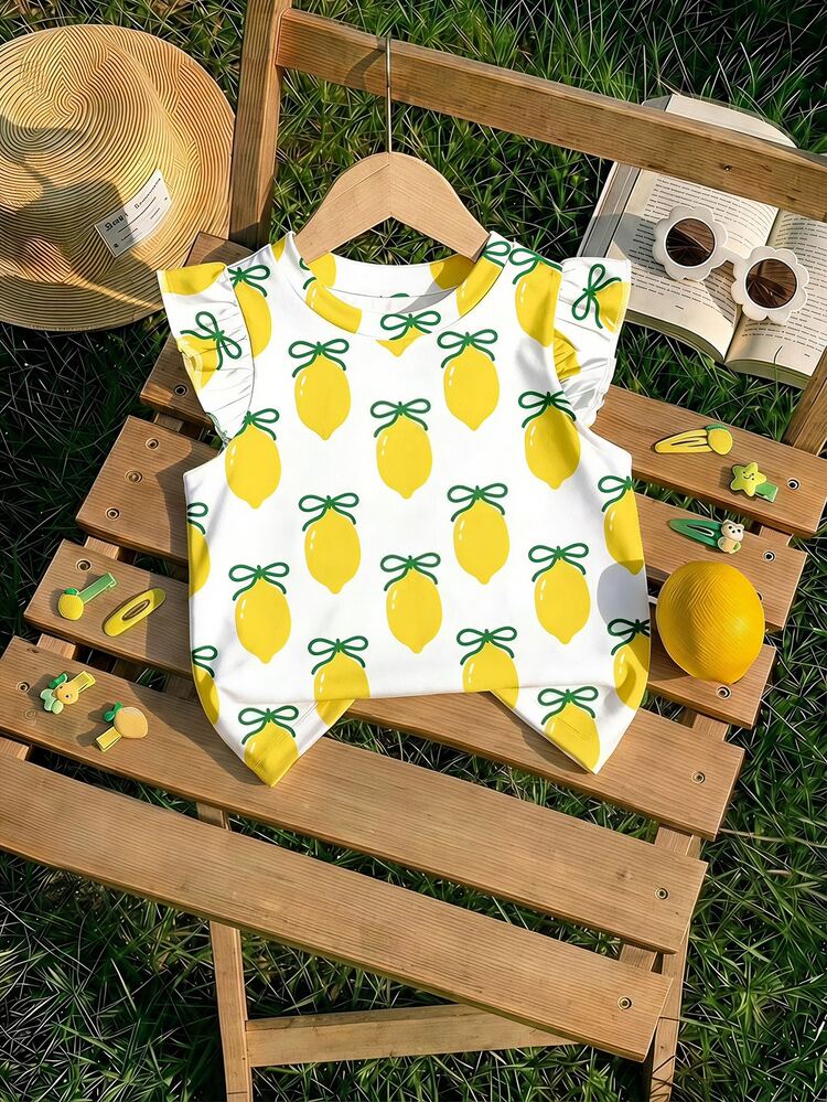 Baby Girl Casual Fashion Cute Lemon Bow Print, Cute Flutter Sleeve Round Neck Top Suitable For Spring And Summer - Multicolor - View 5