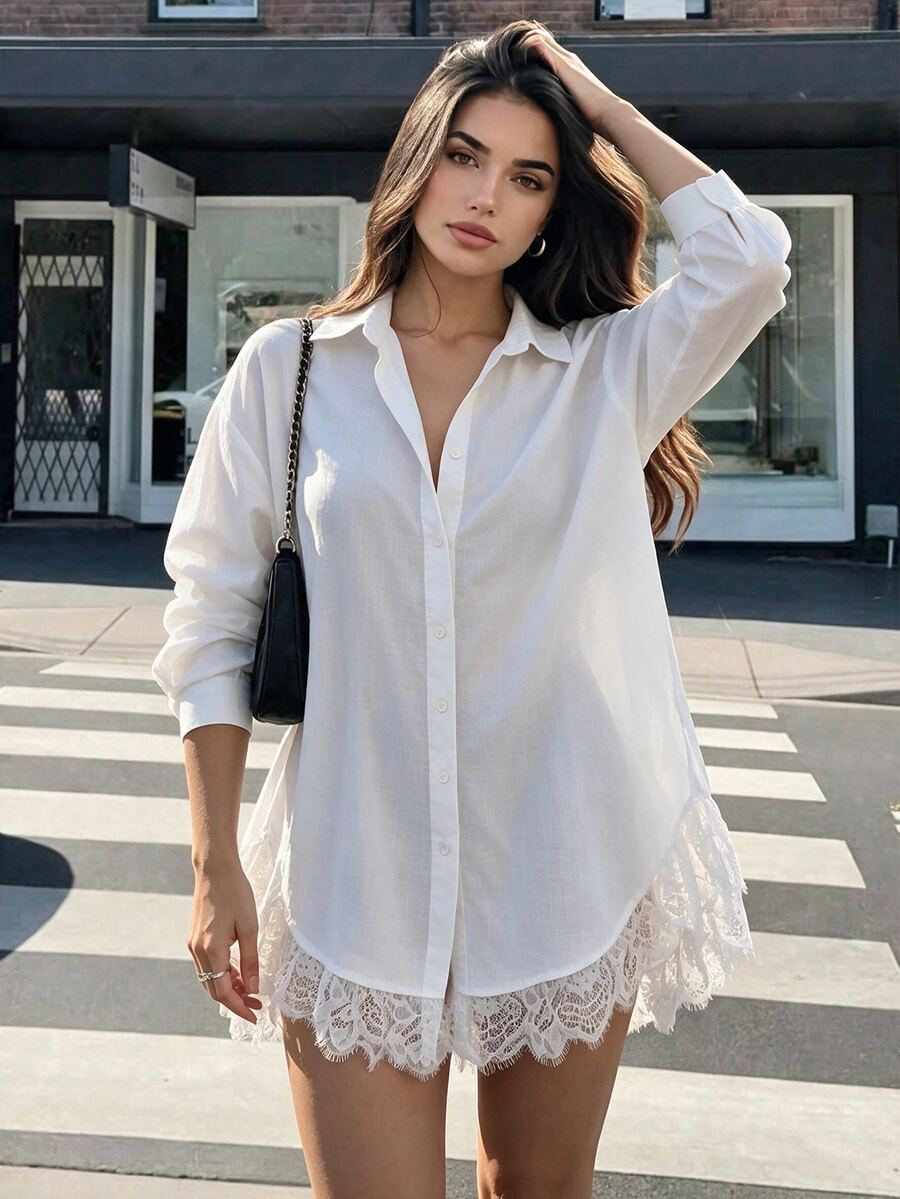 SHEIN EZwear Women's Standard Size Autumn/Winter Long Shirt With Lace Patchwork And Ruffle Hem, Casual Commute Elegant Blouse Brunch White - White - View 1
