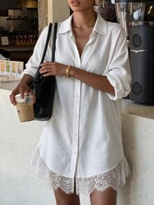 SHEIN EZwear Women's Standard Size Autumn/Winter Long Shirt With Lace Patchwork And Ruffle Hem, Casual Commute Elegant Blouse Brunch White - White - View 6