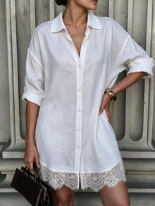 SHEIN EZwear Women's Standard Size Autumn/Winter Long Shirt With Lace Patchwork And Ruffle Hem, Casual Commute Elegant Blouse Brunch White - White - View 8