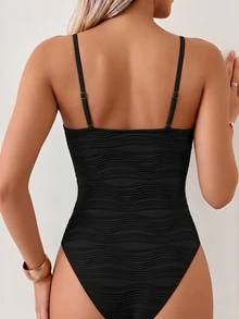 Swim Basics 女款紋理面料金屬裝飾休閒連身泳衣度假適用 - 黑色 - 查看 2