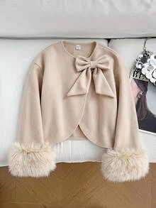 Girlism Teen Girls Elegant Khaki Fur Cuff Bow Short Overcoat, Wool Blend Fall Outfits, Winter Jacket, Back To School, Long Sleeve, Chic, Soft, Luxurious - Khaki - View 3