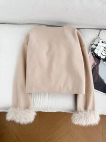 Girlism Teen Girls Elegant Khaki Fur Cuff Bow Short Overcoat, Wool Blend Fall Outfits, Winter Jacket, Back To School, Long Sleeve, Chic, Soft, Luxurious - Khaki - View 2