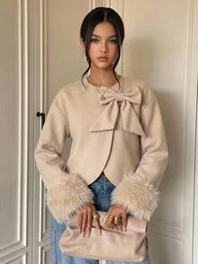 Girlism Teen Girls Elegant Khaki Fur Cuff Bow Short Overcoat, Wool Blend Fall Outfits, Winter Jacket, Back To School, Long Sleeve, Chic, Soft, Luxurious - Khaki - View 1