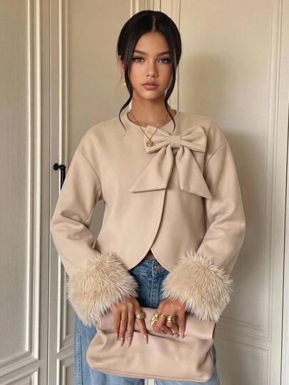 Girlism Teen Girls Elegant Khaki Fur Cuff Bow Short Overcoat, Wool Blend Fall Outfits, Winter Jacket, Veste, Back To School, Long Sleeve, Chic, Soft