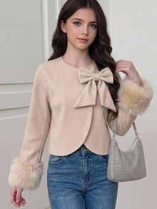 Girlism Teen Girls Elegant Khaki Fur Cuff Bow Short Overcoat, Wool Blend Fall Outfits, Winter Jacket, Back To School, Long Sleeve, Chic, Soft, Luxurious - Khaki - View 4