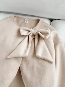 Girlism Teen Girls Elegant Khaki Fur Cuff Bow Short Overcoat, Wool Blend Fall Outfits, Winter Jacket, Back To School, Long Sleeve, Chic, Soft, Luxurious - Khaki - View 5