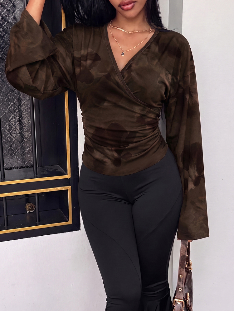 Slaydiva New Summer/Autumn Women's V-Neck Wrap-Style Loose Long-Sleeved Top/Elegant/Party/Vacation/Festival/Holiday/Commuting/Goning Out/Brown Floral Pattern - Multicolor - View 5