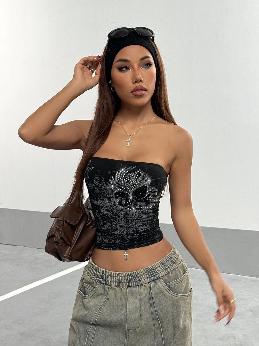 StreetHx Streetwear Women's Rock Dark Rhinestone Bandeau Top - Black - View 1
