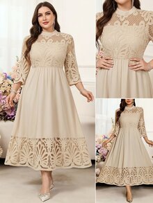 Reflora Gaun Panjang Sedang Elegan Kasual Kerah Tegak Kecil dengan Renda Kontras Ukuran Plus, Warna Peach untuk Pesta Pernikahan Musim Gugur - Khaki - View 8