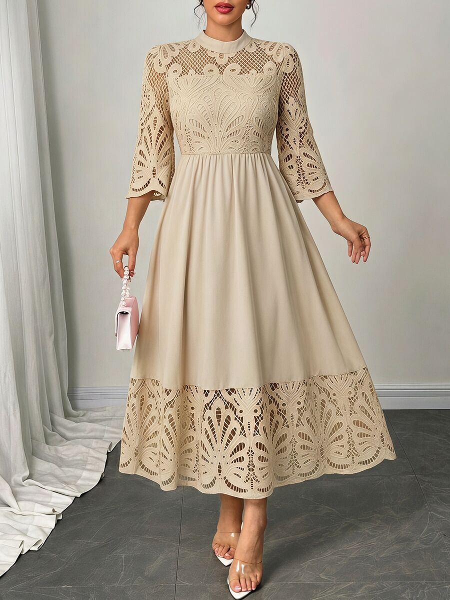 Reflora Gaun Panjang Sedang Elegan Kasual Kerah Tegak Kecil dengan Renda Kontras Ukuran Plus, Warna Peach untuk Pesta Pernikahan Musim Gugur - Khaki - View 1