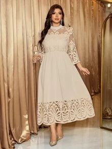 Reflora Gaun Panjang Sedang Elegan Kasual Kerah Tegak Kecil dengan Renda Kontras Ukuran Plus, Warna Peach untuk Pesta Pernikahan Musim Gugur - Khaki - View 6