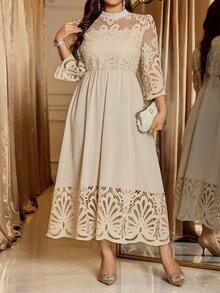 Reflora Gaun Panjang Sedang Elegan Kasual Kerah Tegak Kecil dengan Renda Kontras Ukuran Plus, Warna Peach untuk Pesta Pernikahan Musim Gugur - Khaki - View 4