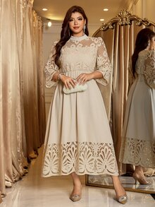 Reflora Gaun Panjang Sedang Elegan Kasual Kerah Tegak Kecil dengan Renda Kontras Ukuran Plus, Warna Peach untuk Pesta Pernikahan Musim Gugur - Khaki - View 7