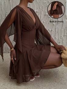 Siren Gaze Gaun Mini Kasual Wanita Warna Polos Leher V Berlipit untuk Sehari-hari - Coffee Brown - View 7