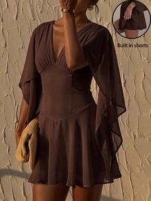 Siren Gaze Gaun Mini Kasual Wanita Warna Polos Leher V Berlipit untuk Sehari-hari - Coffee Brown - View 9