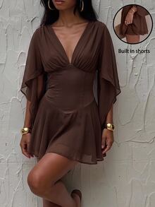 Siren Gaze Gaun Mini Kasual Wanita Warna Polos Leher V Berlipit untuk Sehari-hari - Coffee Brown - View 10